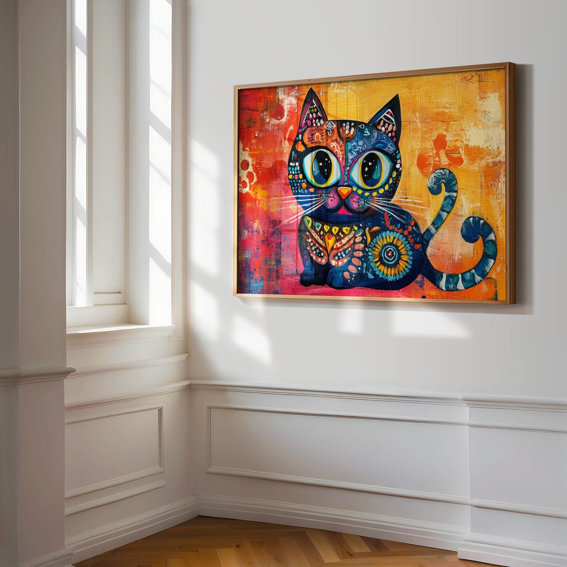 Sitting Blue Cat With Curly Tail Mandala Patterns Warm Poster - Image 3