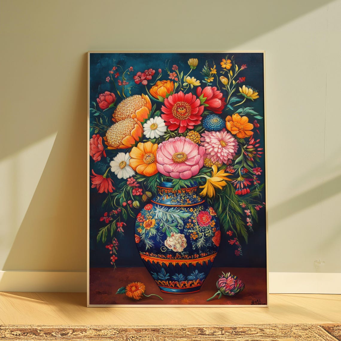 Lush Zinnia Dahlia Bouquet Ornate Blue Mexican Vase Teal Floral Poster
