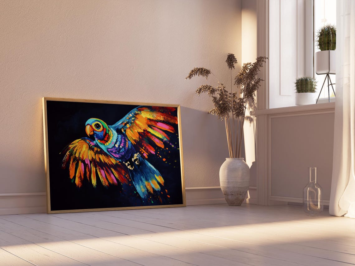 Rainbow Parrot In Flight Black Background Color Splash Poster - Image 2