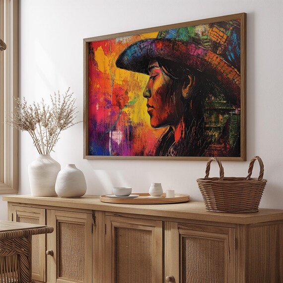 Mexican Woman Colorful Hat Profile Portrait Vibrant Painting Wall Art Print
