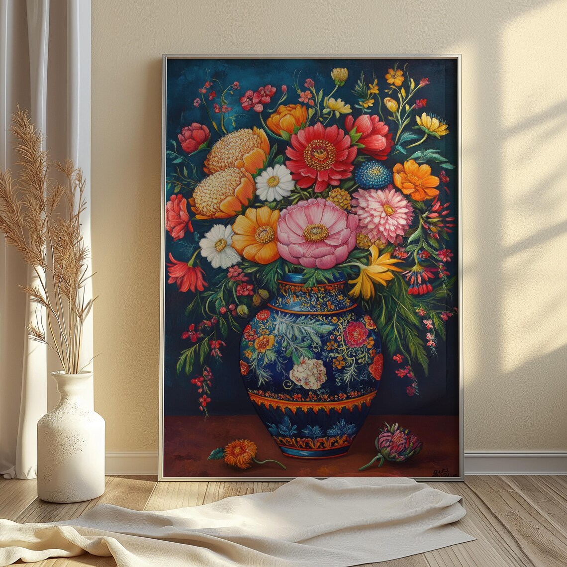 Lush Zinnia Dahlia Bouquet Ornate Blue Mexican Vase Teal Floral Poster - Image 3