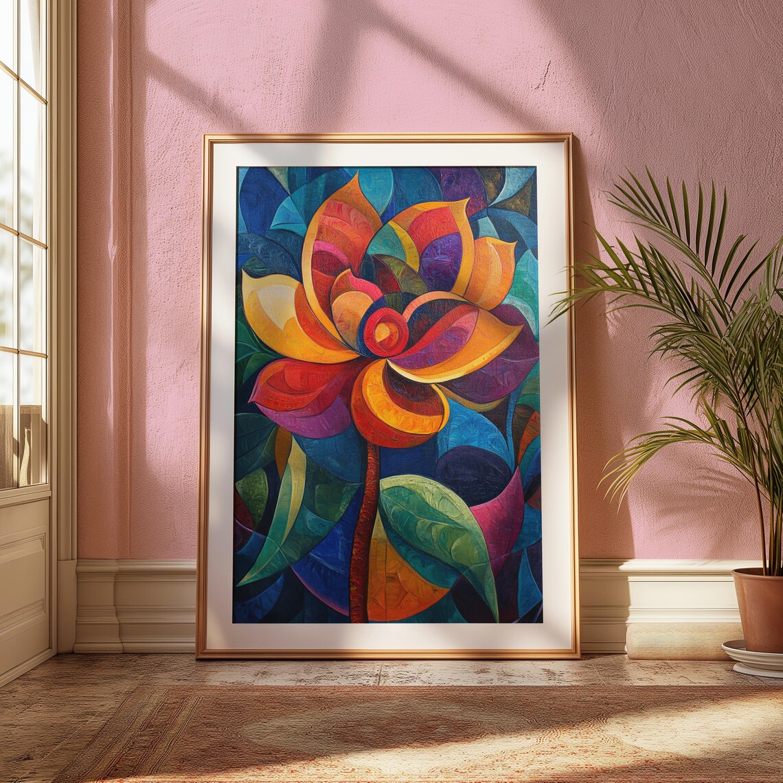 Sunset Dahlia Dark Blue Leaves Stained Glass Floral Art Poster - Image 2