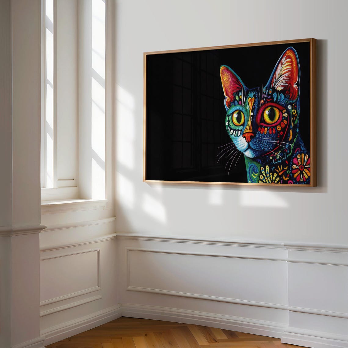Side Profile Black Cat Floral Pattern Mismatched Yellow Eyes Wall Art - Image 3