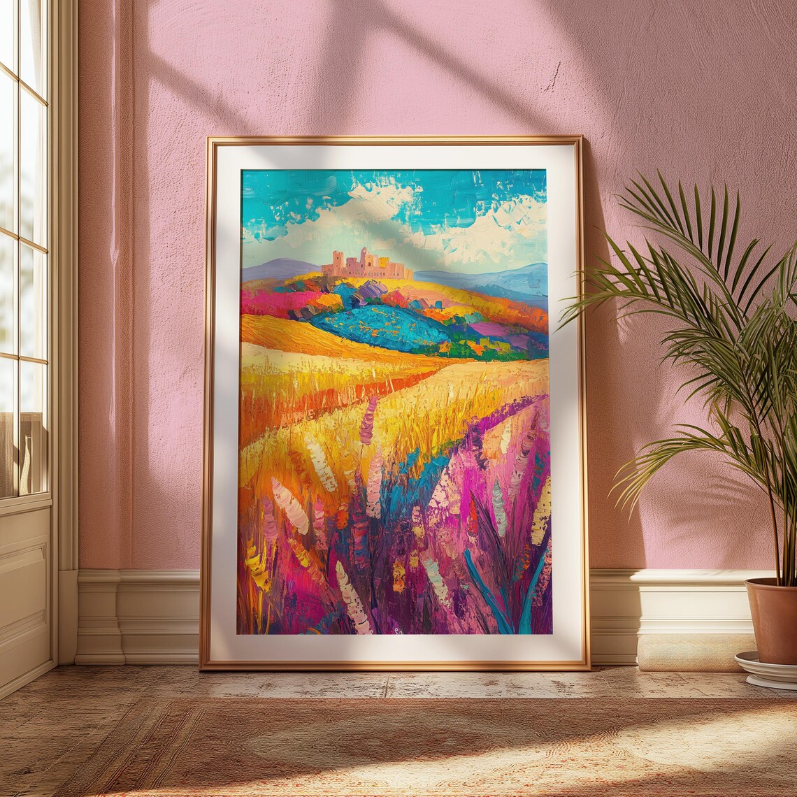 Golden Wheat Fields Pink Blooms Distant Mission Hill Turquoise Sky Landscape Poster - Image 2