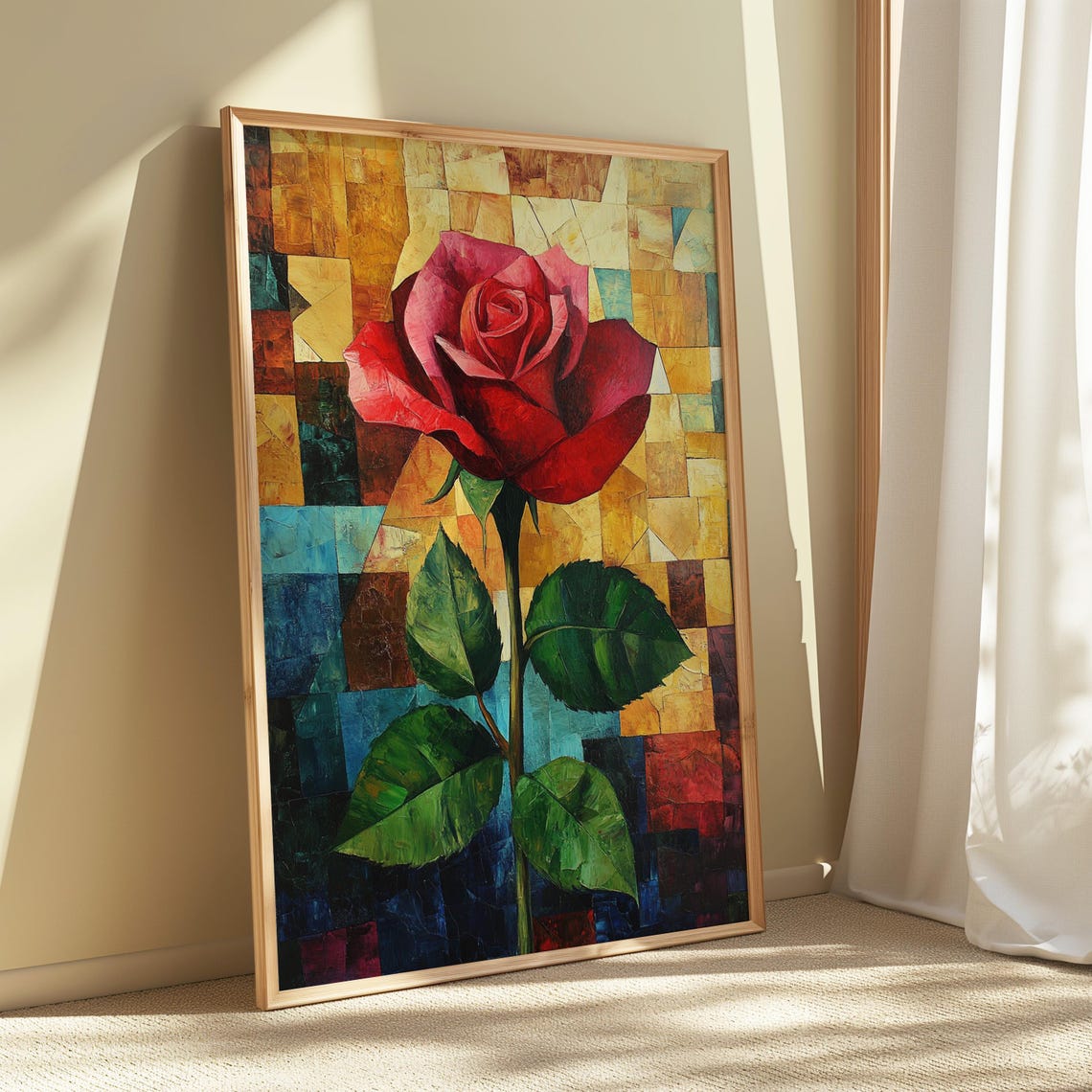 Red Rose Mosaic Tile Turquoise Gold Background Modern Floral Poster - Image 5