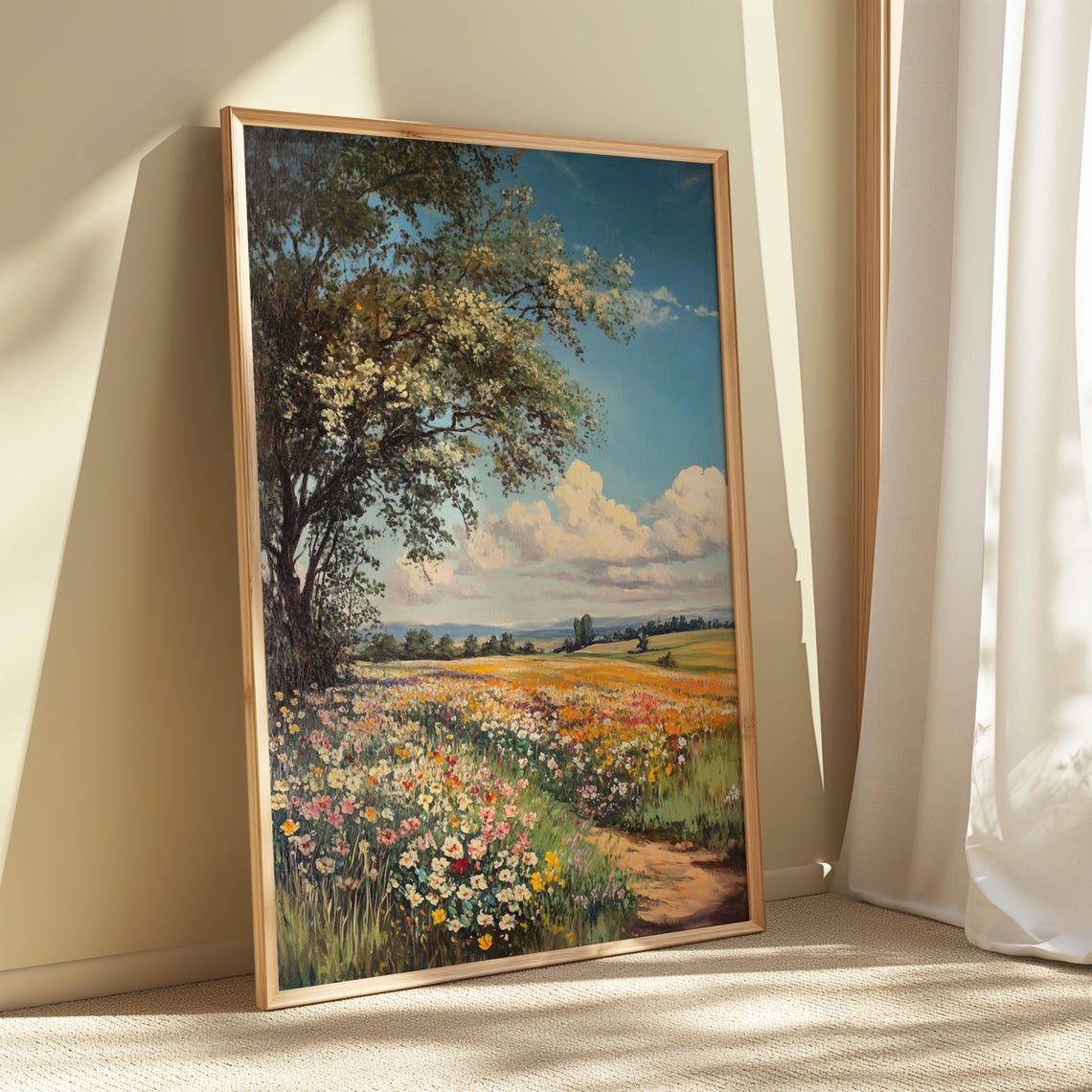 Blossoming Tree Wildflower Field Winding Path Golden Light Art Poster - Image 4