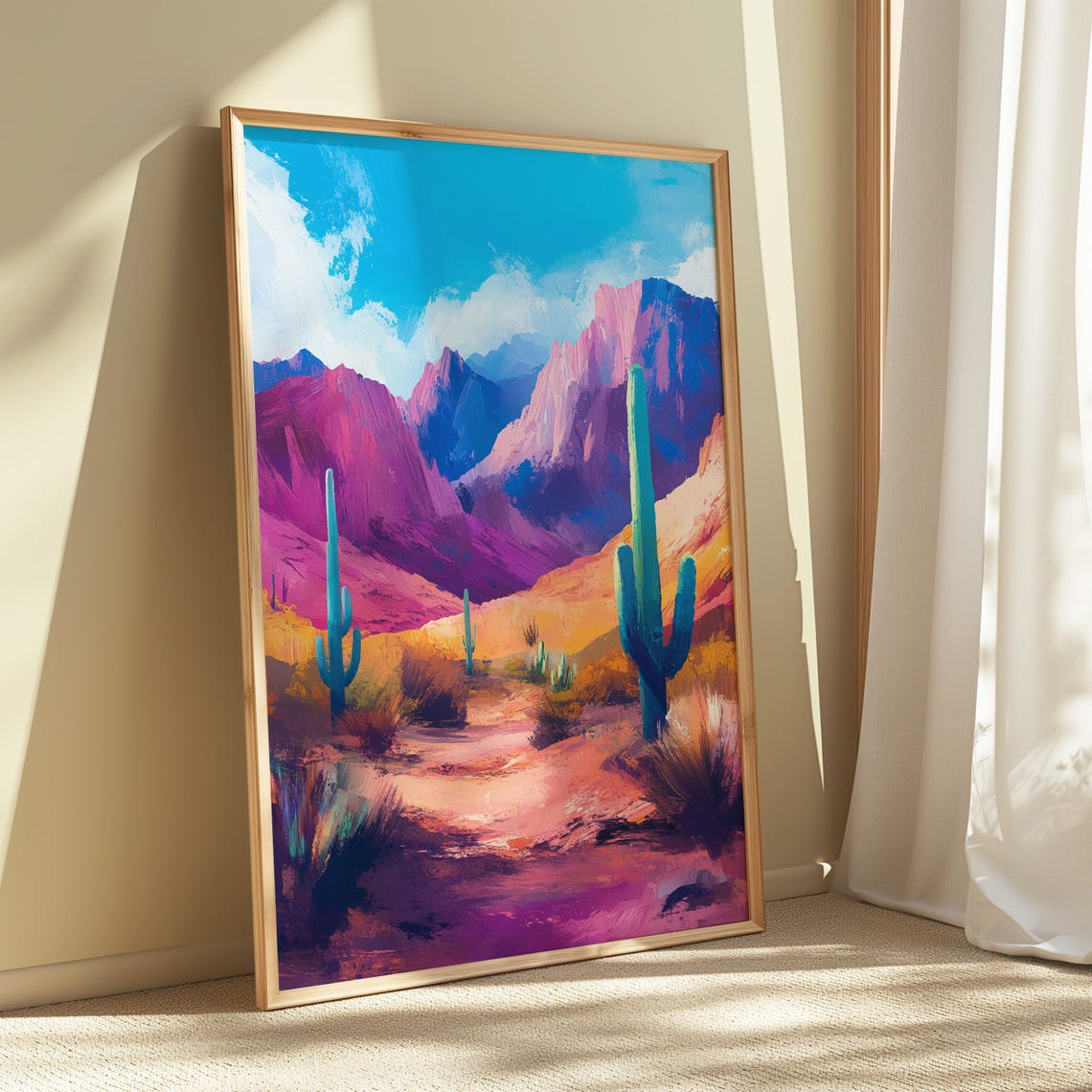 Desert Saguaro Cacti Pink Canyon Mountains Teal Sky Art Print - Image 5