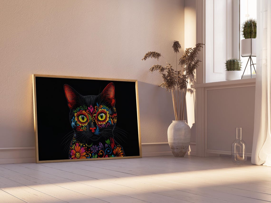 Day of the Dead Black Cat Bust Colorful Floral Chest Detail Wall Art - Image 2
