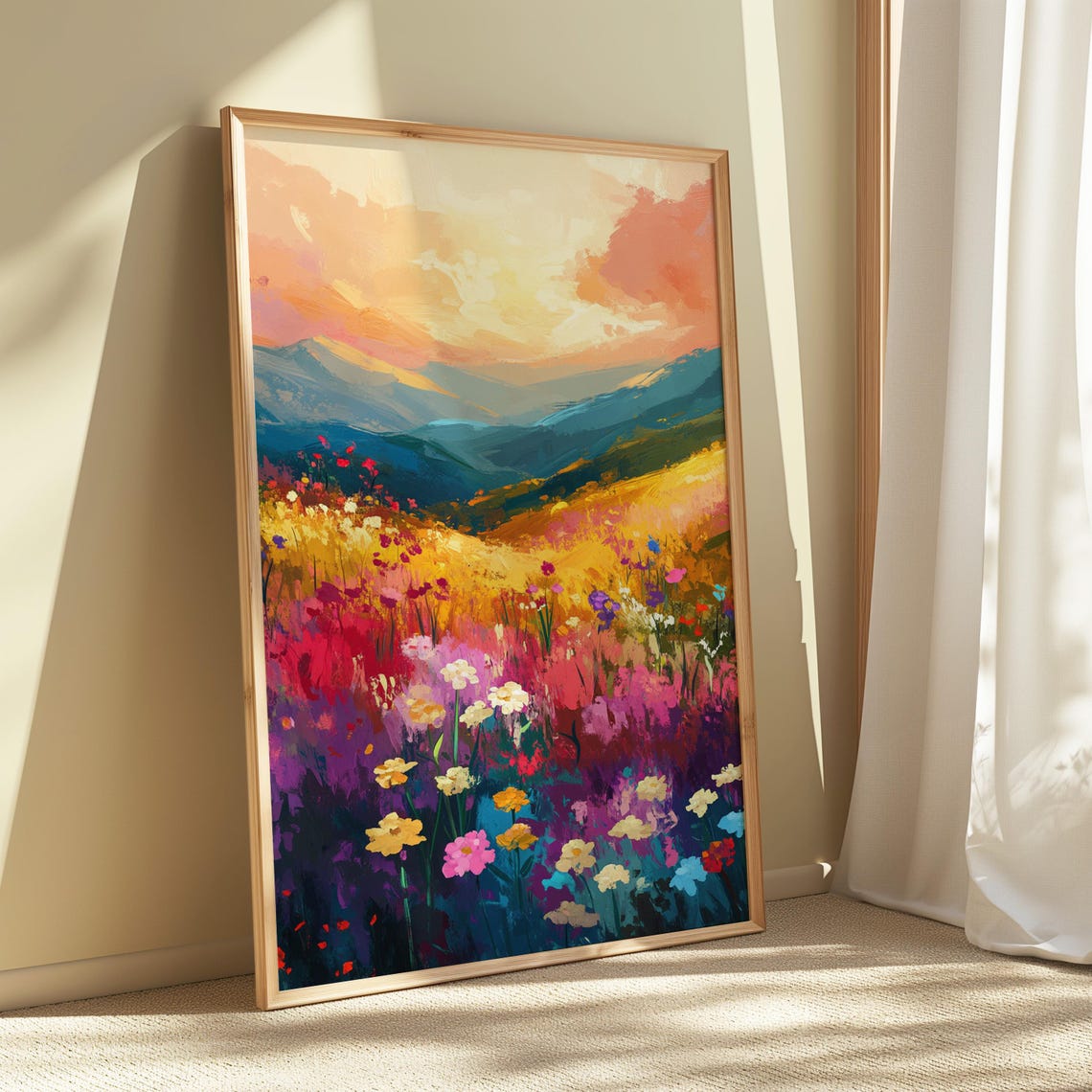 Sunset Wildflower Meadow Layered Mountain Peach Sky Art Print - Image 5