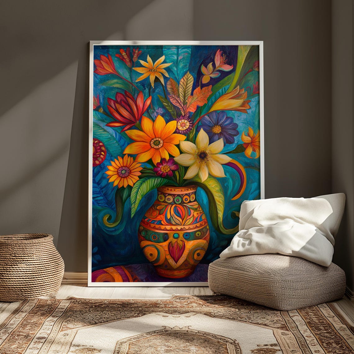 Stylized Tropical Lily Bouquet Patterned Orange Vase Teal Folk Poster - Image 4