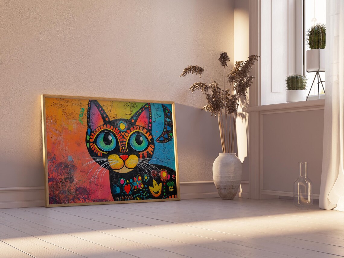 Black Cat Folk Art Portrait Big Blue Eyes Hearts Flowers Decor Poster - Image 2