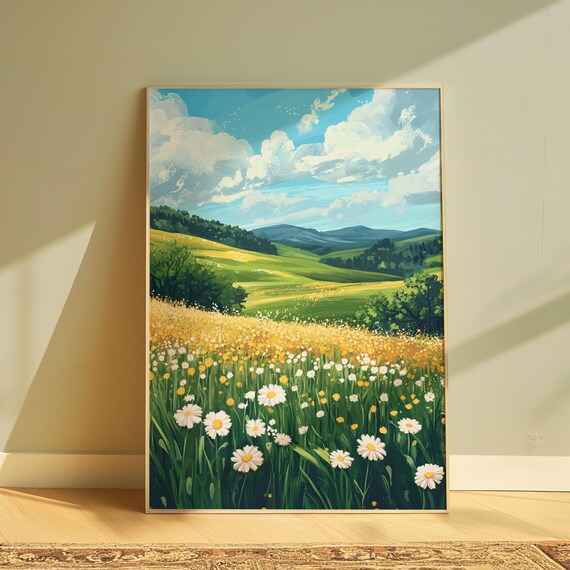 White Daisy Field Rolling Green Hills Mountain View Bright Oil Poster