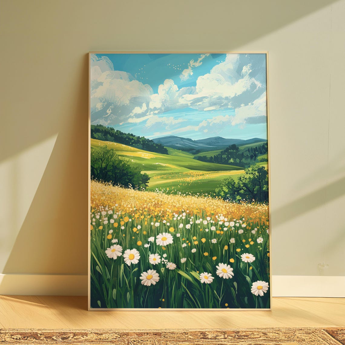 White Daisy Field Rolling Green Hills Mountain View Bright Oil Poster