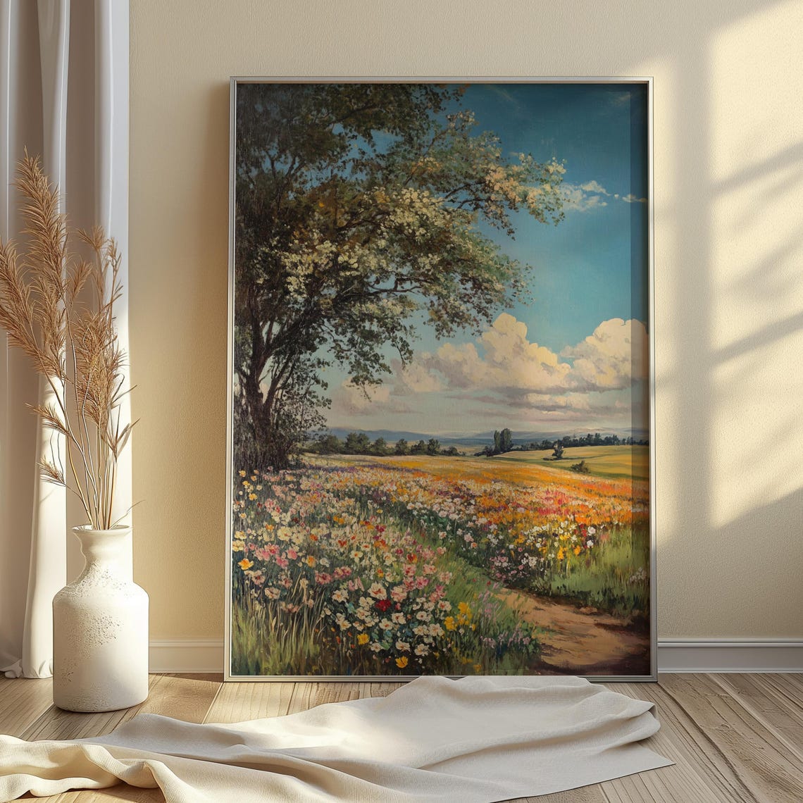 Blossoming Tree Wildflower Field Winding Path Golden Light Art Poster - Image 2