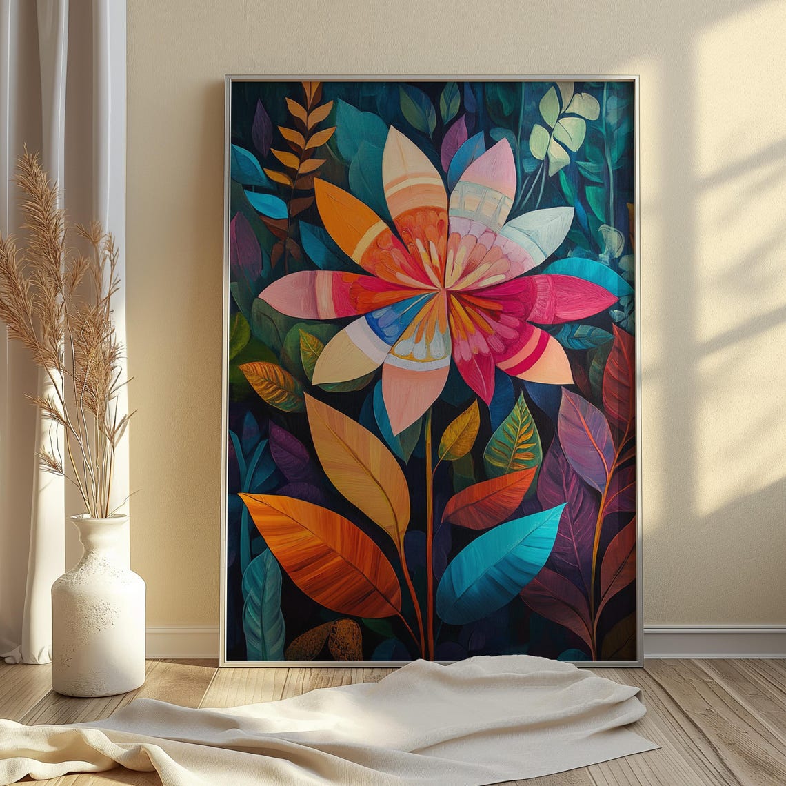 Banded Dahlia Bloom Dark Jungle Foliage Stained Glass Floral Poster - Image 4