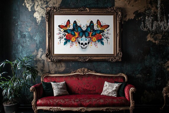 Sugar Skull With Monarch Butterflies Marigold Flowers Poster