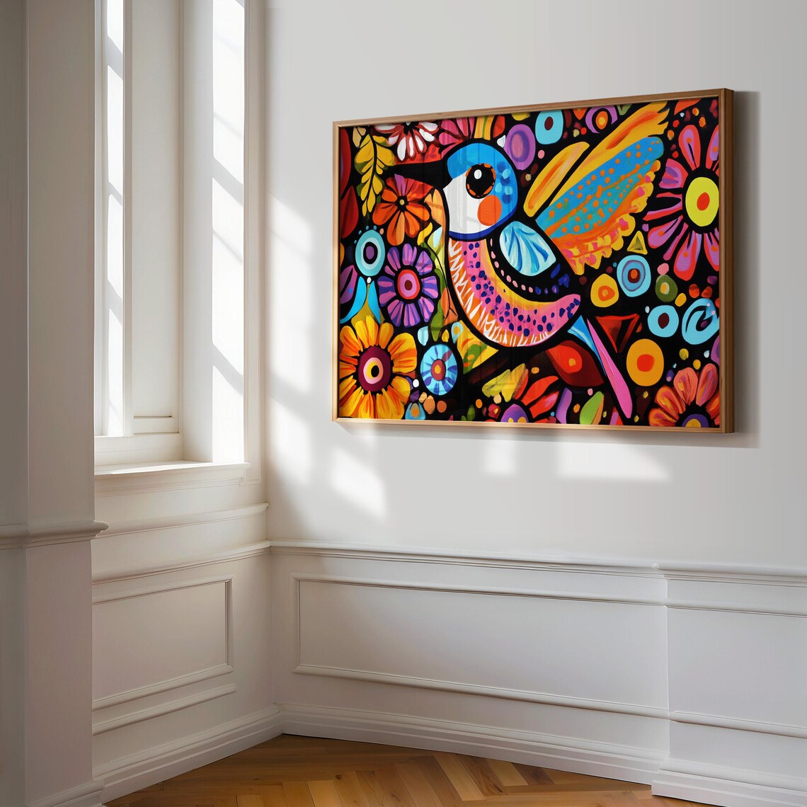 Folk Art Bird Wings Spread Print Colorful Floral Night Garden Wall Art - Image 3