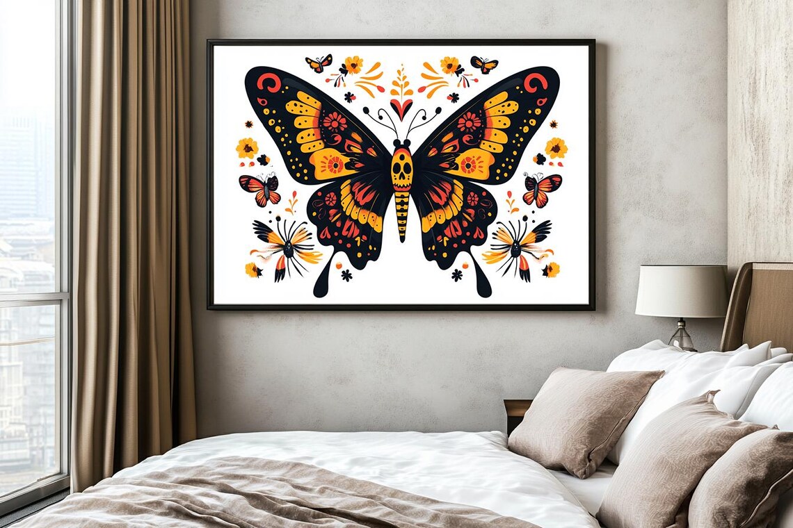 Colorful Folk Art Butterfly Day Of The Dead Skull Motif Poster - Image 2