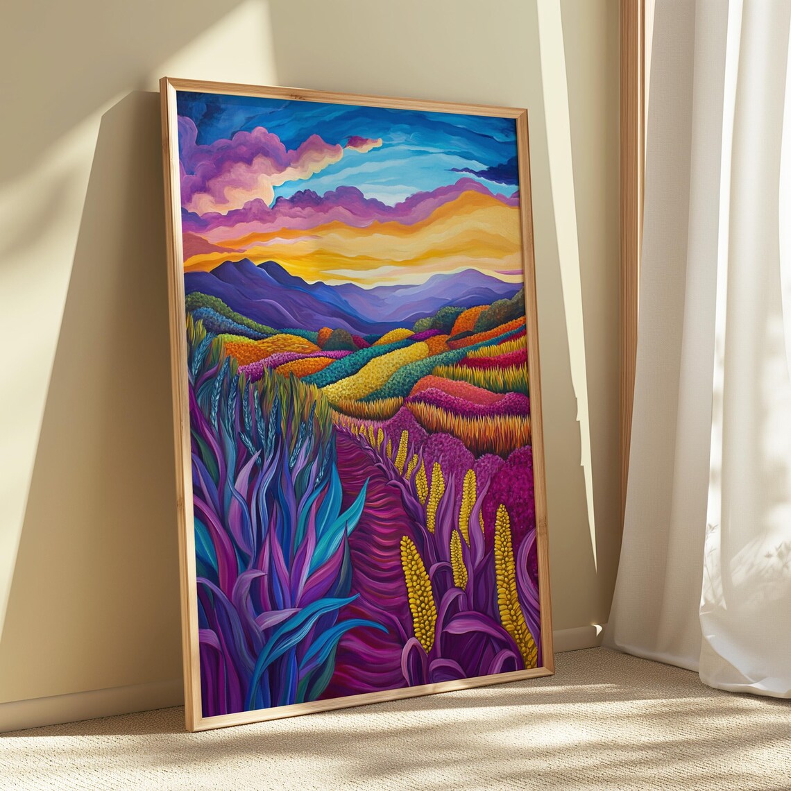Purple Corn Field Sunset Golden Ears Rainbow Crop Rows Colorful Landscape Poster - Image 5