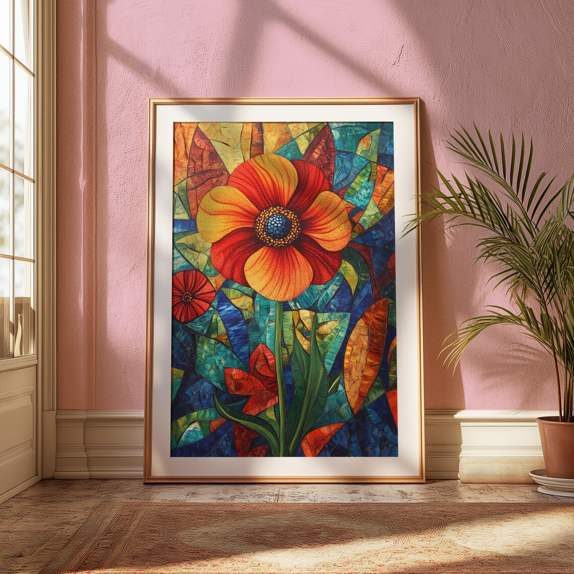 Red Poppy Dotted Center Stained Glass Mosaic Floral Art Poster - Image 2