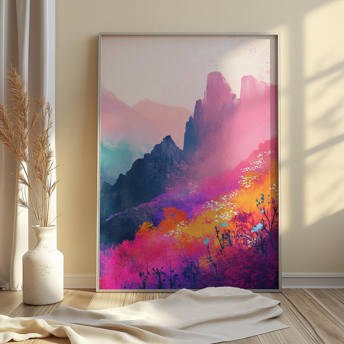 Misty Pink Mountain Cliffs Dark Peaks Dramatic Colorful Landscape Poster - Image 4