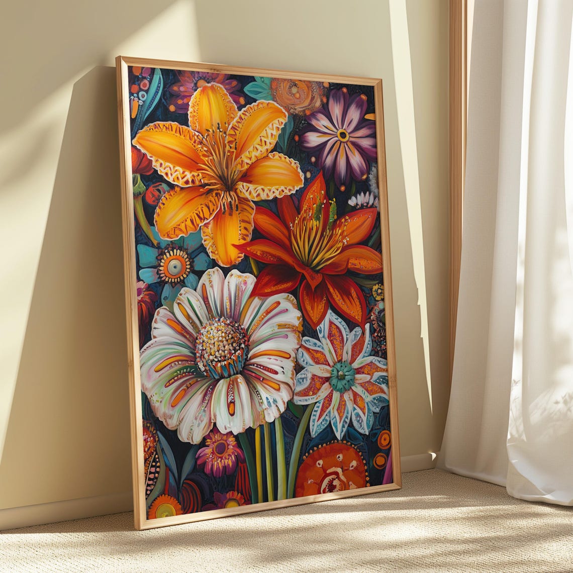 Fiery Lily Daisy Bouquet Orange Red White Floral Painting Poster - Image 5