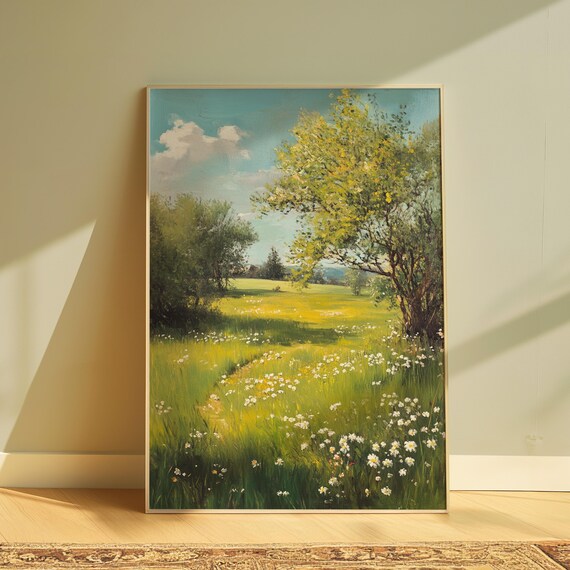Sunny Green Meadow White Daisies Golden Path Impressionist Light Poster