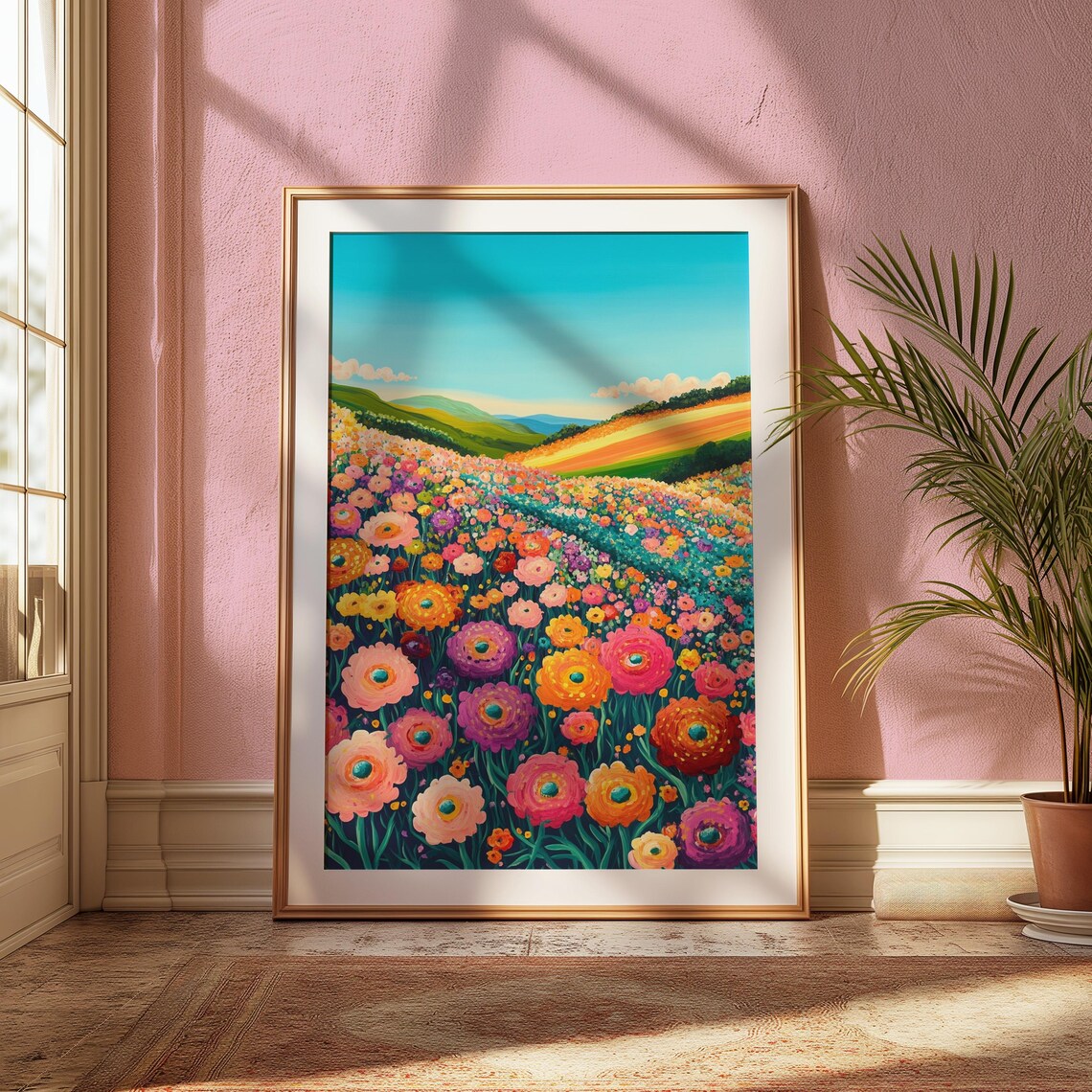 Cosmos Flower Field Rolling Green Hills Folk Art Floral Landscape Poster - Image 2