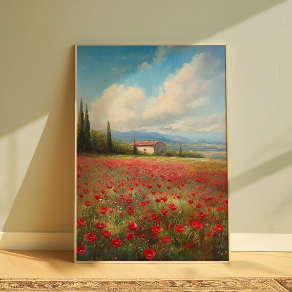 Red Poppy Field Tuscan Farmhouse Cypress Trees Blue Sky Painting Poster