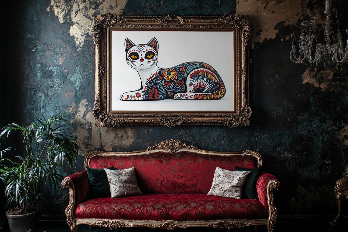 Lounging Folk Art Cat With Sugar Skull Floral Patterns Poster