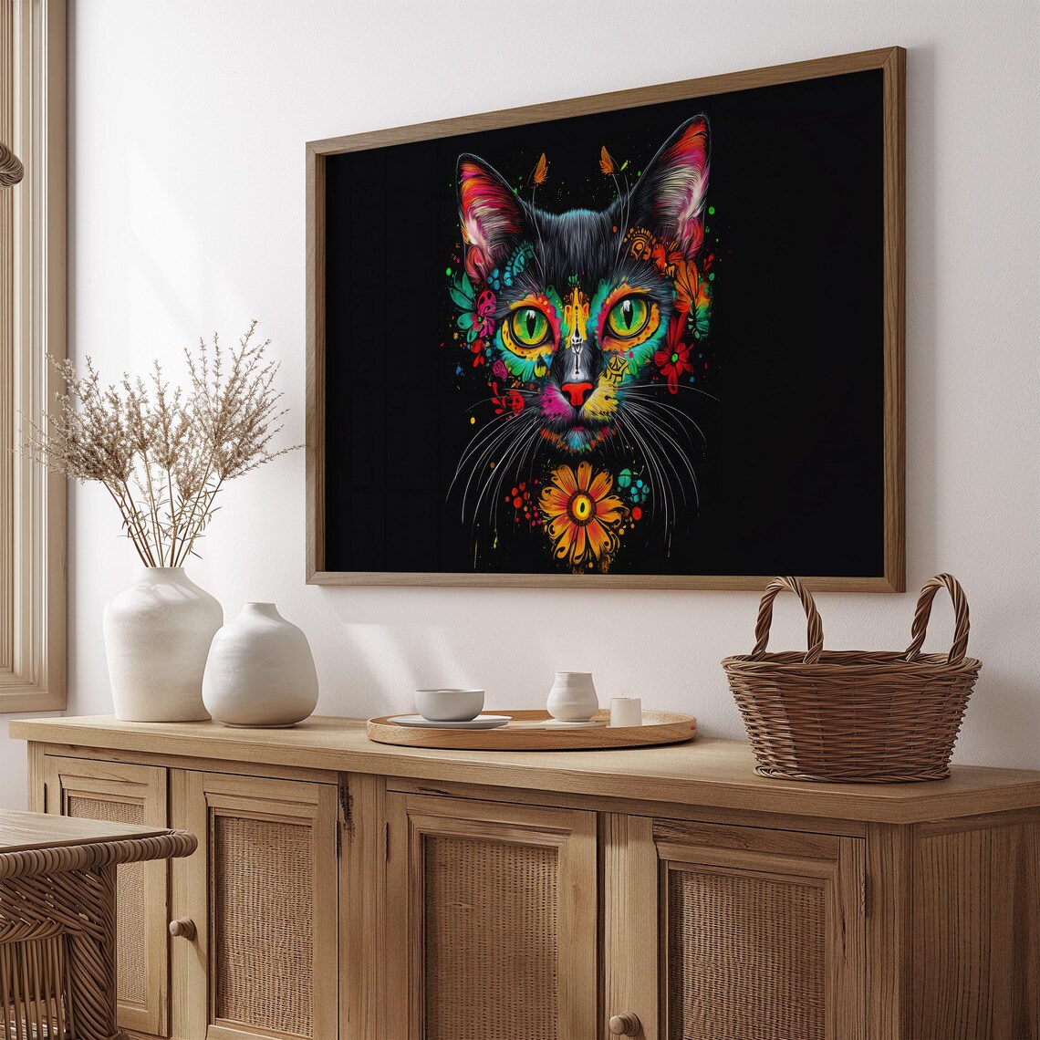 Neon Sugar Skull Black Cat Face Green Eyes Marigold Bloom Wall Art