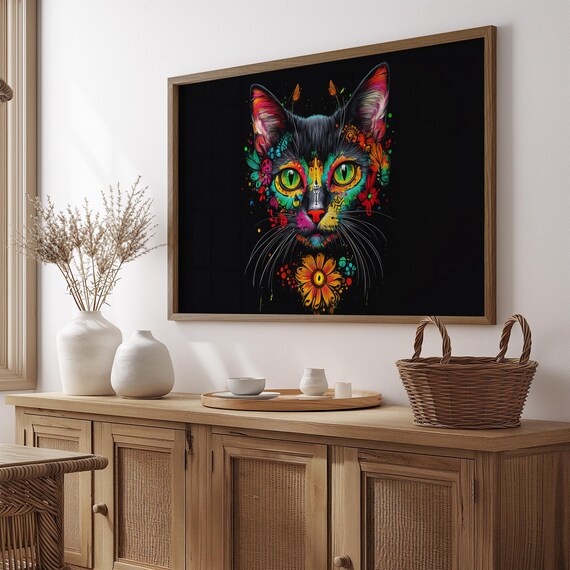 Neon Sugar Skull Black Cat Face Green Eyes Marigold Bloom Wall Art
