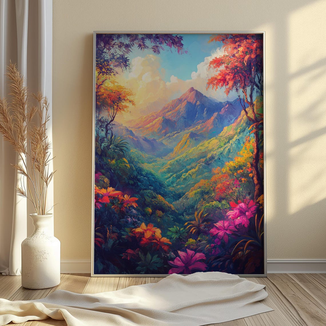 Lush Tropical Jungle Valley Mountain View Colorful Art Print - Image 3