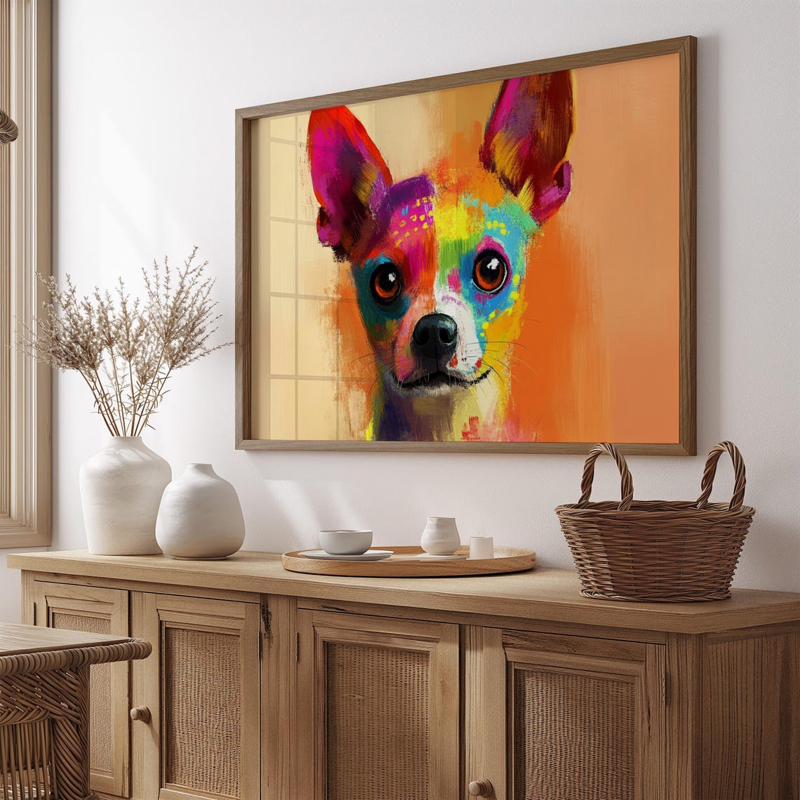 Colorful Painted Small Dog Portrait Big Ears Orange Background Poster