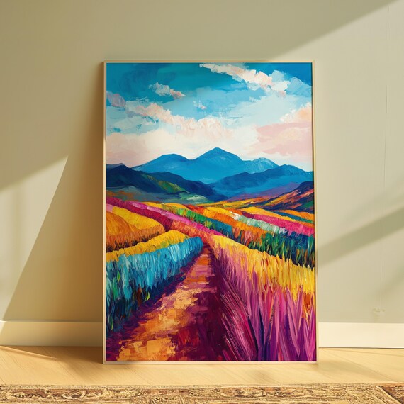 Rainbow Crop Fields Blue Mountains Pink Clouds Harvest Path Landscape Poster