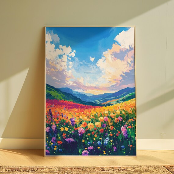 Rainbow Wildflower Meadow Blue Mountains Cloudy Sky Panoramic Landscape Poster