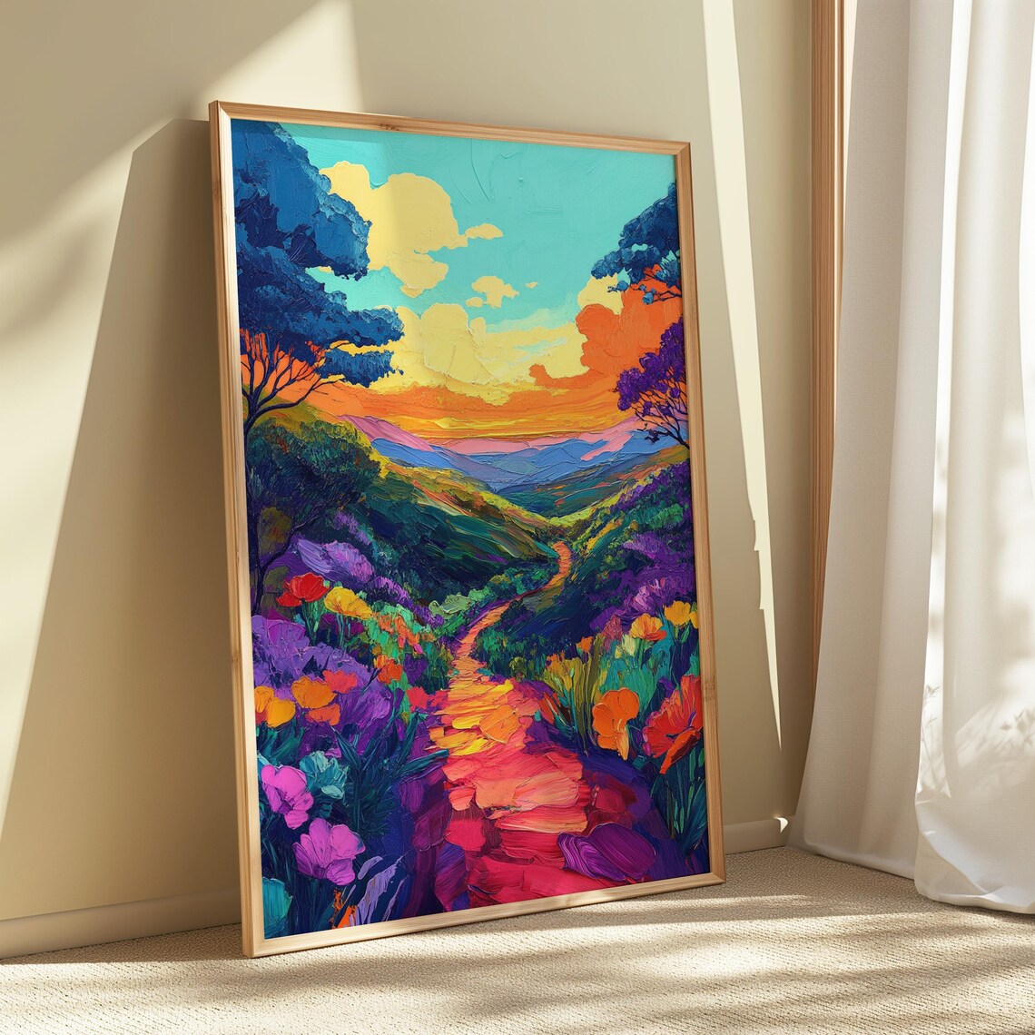 Sunset Stone Path Blooming Hillside Golden Sky Blue Trees Valley View Landscape Poster - Image 5