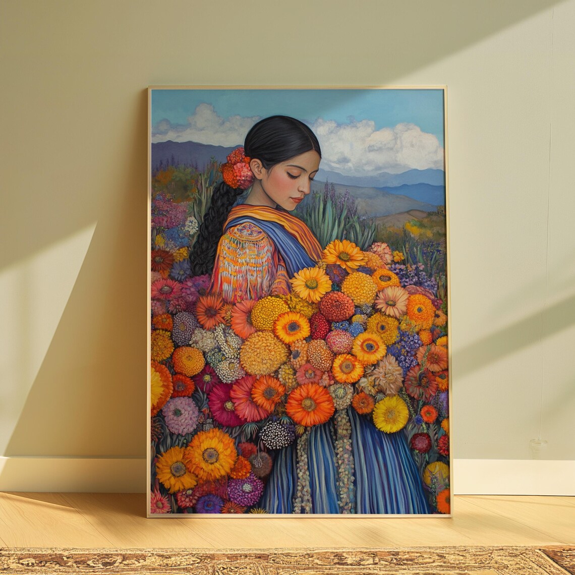 Woman Long Braid Marigold Hair Blue Striped Dress Dahlia Field Poster