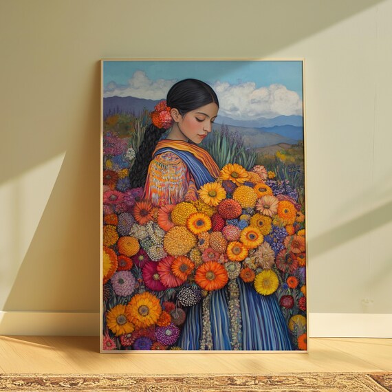 Woman Long Braid Marigold Hair Blue Striped Dress Dahlia Field Poster