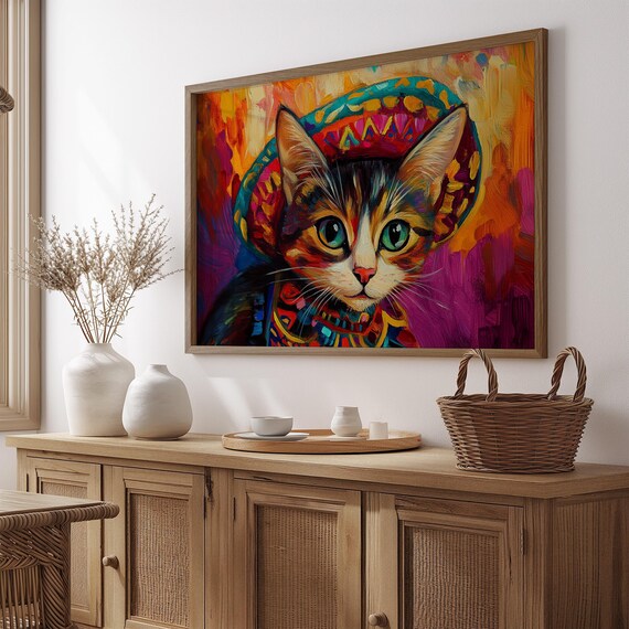 Tabby Kitten in Sombrero Green Eyes Mexican Fiesta Colorful Cat Poster