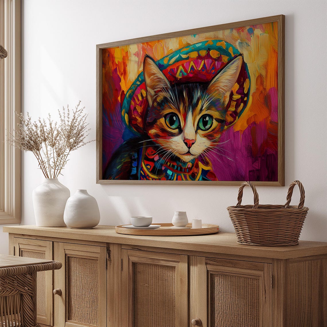 Tabby Kitten in Sombrero Green Eyes Mexican Fiesta Colorful Cat Poster