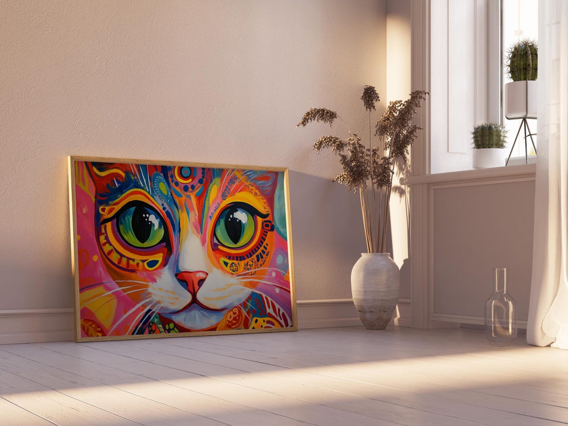 Cat Face With Huge Green Eyes Psychedelic Color Splash Poster - Image 2