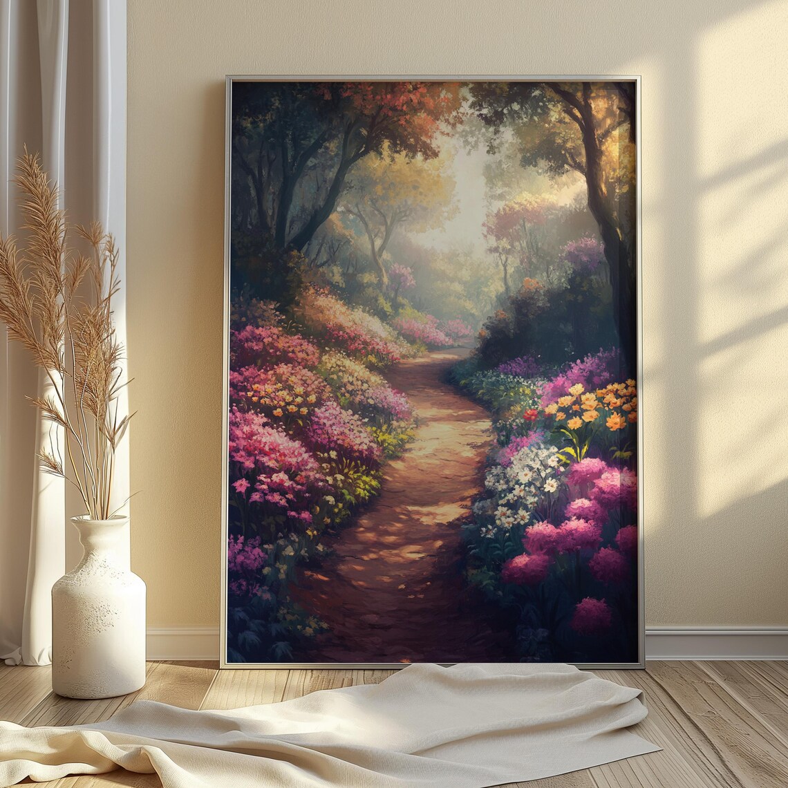 Sunlit Forest Path Colorful Flower Garden Impressionist Landscape Poster - Image 2