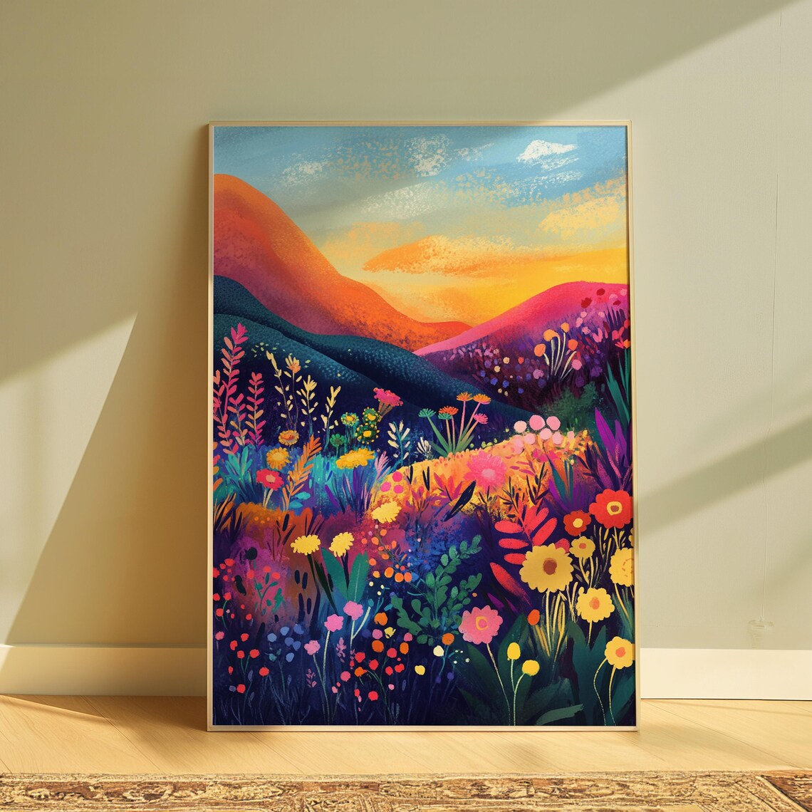 Sunset Hillside Wildflower Field Orange Sky Detailed Blooming Meadow Poster