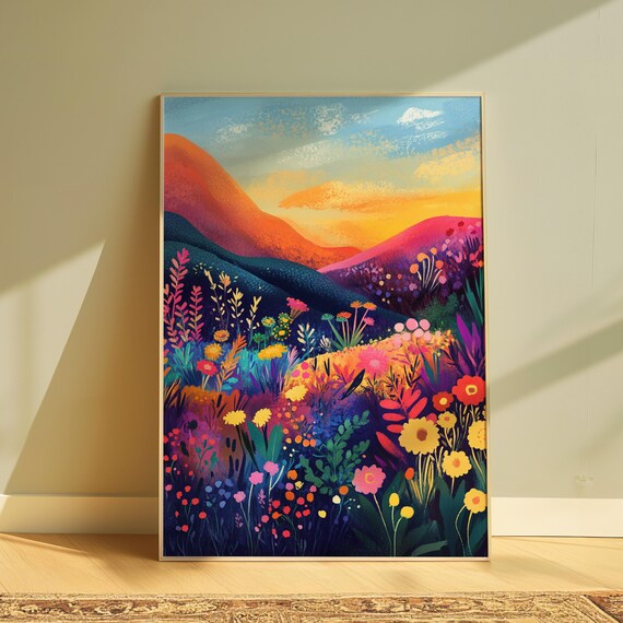 Sunset Hillside Wildflower Field Orange Sky Detailed Blooming Meadow Poster