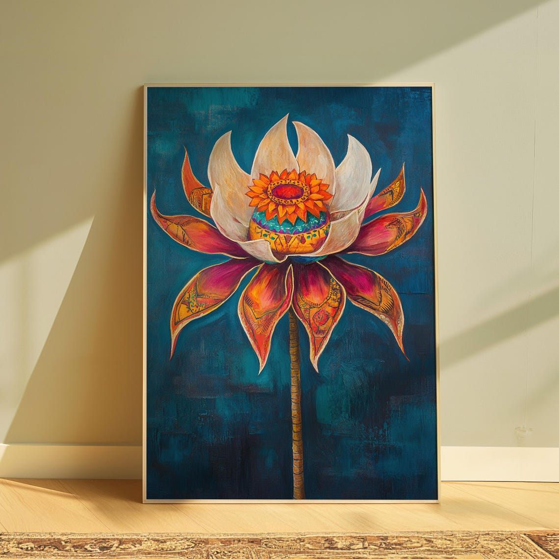 Elegant White Magenta Lotus Sun Center Deep Teal Floral Art Poster