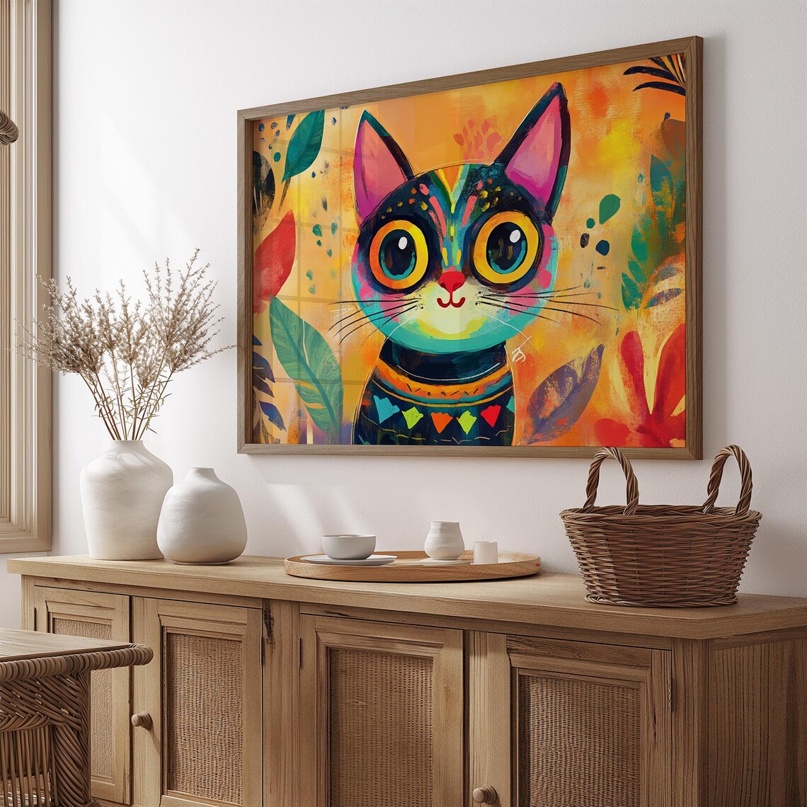 Whimsical Cartoon Cat Big Golden Eyes Tropical Leaves Cheerful Art Poster