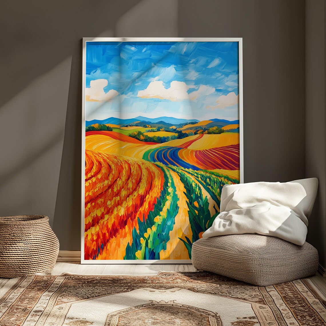 Colorful Farmland Rolling Hills Harvest Rows Vibrant Countryside Landscape Poster - Image 3