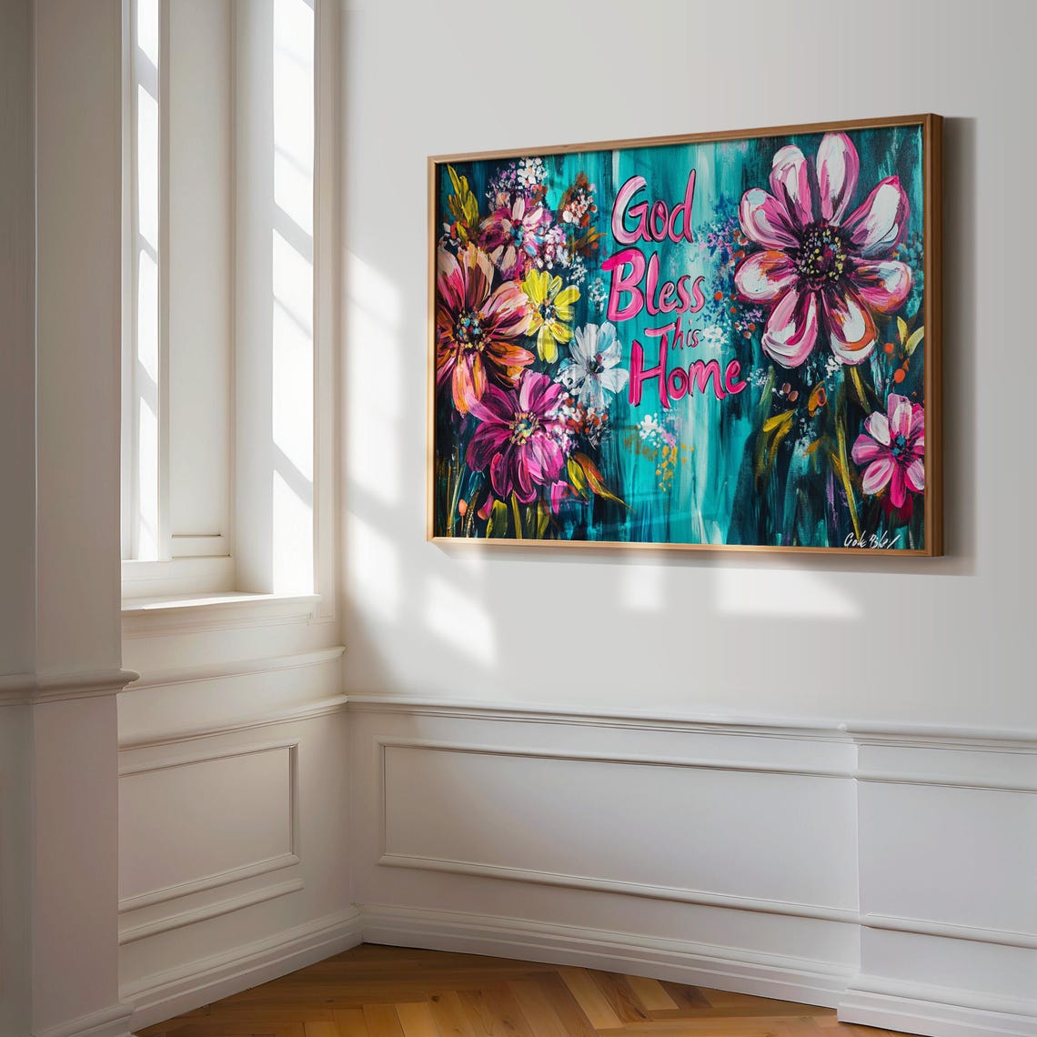 God Bless This Home Magenta Blossom Teal Painterly Brushwork Poster - Image 3