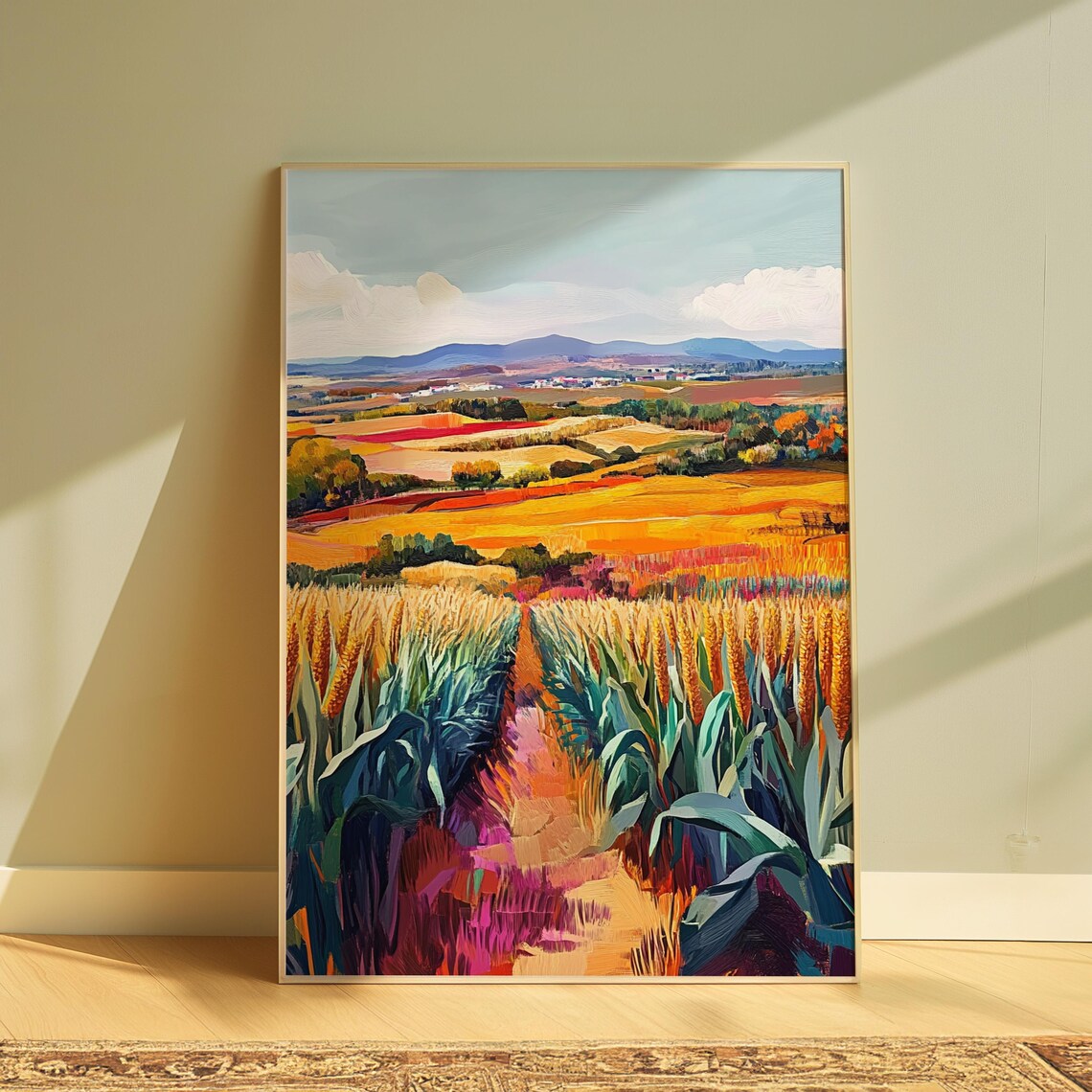 Corn Rows Golden Wheat Fields Rolling Orange Farmland Distant Hills Landscape Poster